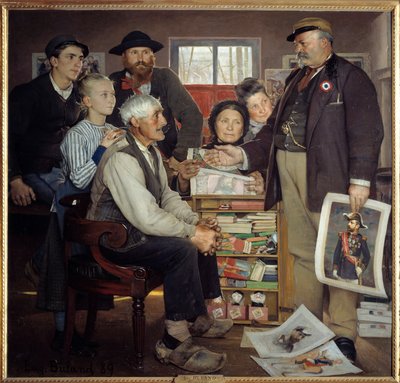 Baker propaganda scene. En bager forsøger at overbevise en gammel landmand om at deltage i festen. Maleri af Eugene Buland (1852-1927) af Jean Eugene Buland