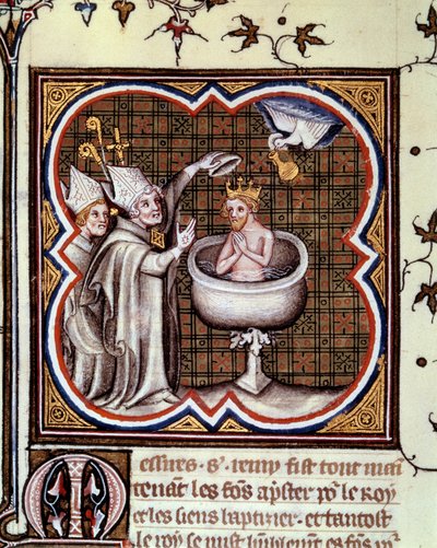 Bapteme of Clovis (466-511) af Saint Remy (Saint Remi) til Reims i 496: Helligånden bringer den hellige pære, der indeholder den hellige kerm, der bruges til salvelse af konger. Miniature i "" grandes chronicles de france" af Jean Fouquet (1420-1481) af Jean Fouquet