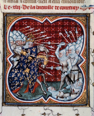 Slaget ved Kortrijk mellem Filip IV Bel (1268-1314) og flammerne, det såkaldte Gyldensporernes slag 11/07/1302 Miniature fra "Les grandes chronicles de France" af Jean Fouquet (1420-1481) fra det 15. århundrede. Paris, B.N. af Jean Fouquet