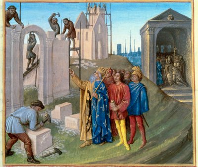Opførelse af paladset i Aachen (796-805) af Charlemagne (742-814), som fører tilsyn med byggepladsen. Til højre bliver Pukkelryggen Pepin (770-811) en munk. Miniature fra "" Les Grandes Chronicles de France"" oplyst af Jean Fouquet (1420-1) af Jean Fouquet