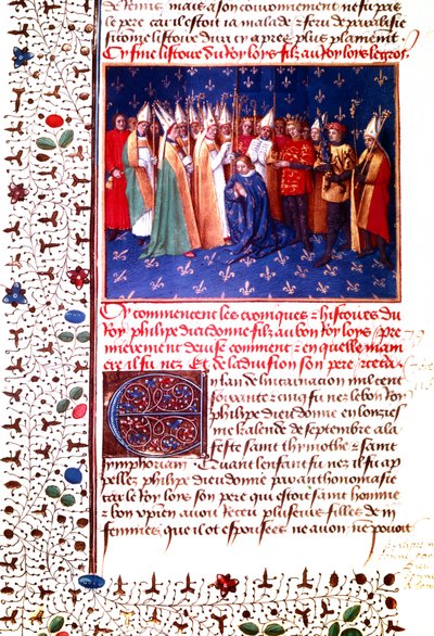 Kroning af den franske konge Philippe II Auguste i 1179, ca. 1455-60 (miniature) af Jean Fouquet