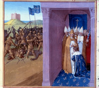 Nederlag af Griffon (scene fra venstre): Kampen mellem Pepin the Brief (714-768) og hans bror griffon. Ringe af Pepin Briefen til Laon i 754. Miniature i "" Grandes chroniques de France"" (Folio 76) oplyst af Jean Fouquet (1400-tallet) 1493. Paris. B N af Jean Fouquet