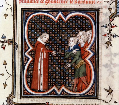 Etienne Marcel, en prevot af købmændene i Paris, bedt af kong Johannes II den Gode (1319-1364) af Frankrig om at respektere "Grande Ordonance" fra 1357 og bebrejdede hans adfærd, i "The Great Chronicles of France" af Jean Fouquet (1420-1481), ca. 1460 af Jean Fouquet
