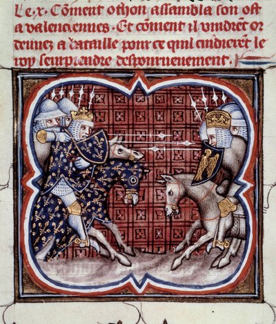 Fransk-engelsk krig (1202-1214): Slaget ved Bouvines den 27/07/1214 mellem den franske hær af Philippe Auguste og de flamske og velfarne fra Othon IV. Den franske sejr var afgørende for krigens udfald. Miniature fra "Great Chronicles of France" b af Jean Fouquet