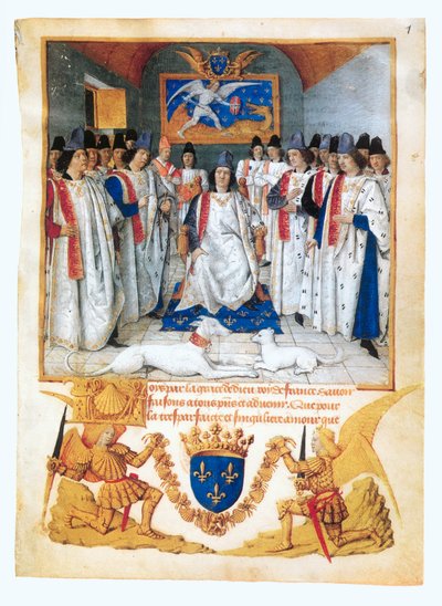 Kong Ludvig XI leder et kapitelmøde i ... (illumineret manuskript) af Jean Fouquet