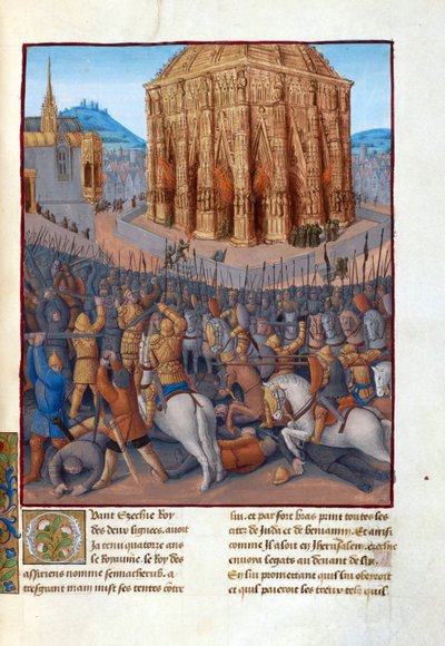 Le siege de Jerusalem par le roi de Babylone Nebuchadnezzar II (604-562 før JC) - Belejring af Jerusalem af Nebukadnezzar II. Illustration i Flavius ​​​​Josephus "Jødernes antikviteter" (Antiquitatum Judaicarum) af Fouquet, Jean (1420-1481). Gouache på pa af Jean Fouquet