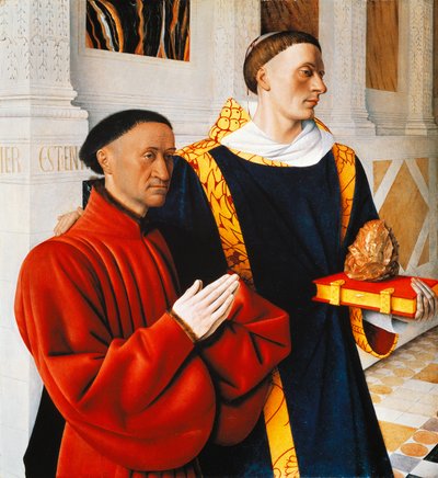 Venstre panel i Melun-diptykoen: Etienne Chevalier med sin skytshelgen Sankt Stefan af Jean Fouquet