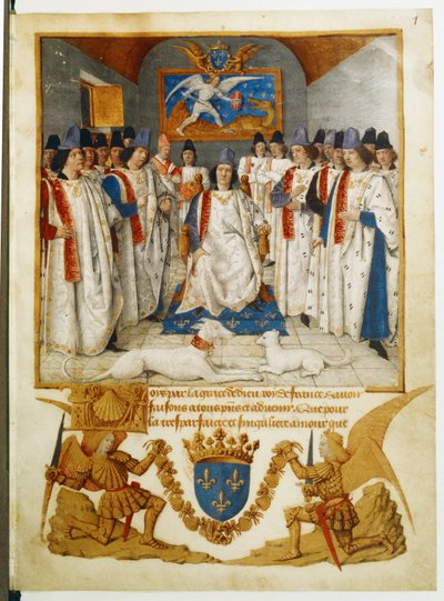 Ludvig XI leder et møde i Sankt Michel-ordenen ... af Jean Fouquet