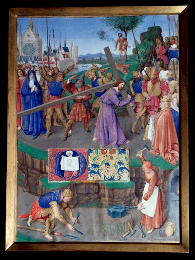 Portage de croix Miniature taget fra "" The Book of Hours of Etienne Chevalier"" af Jean Fouquet (1420-1477/1481) af Jean Fouquet