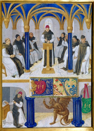 Repræsentation af Sankt Bernhard af Clairvaux (San Bernardo di Chiaravalle) (1090-1153) lærer og telt af djævelen Miniature taget fra "The Book of Hours of Etienne Chevalier" af Jean Fouquet (1420-1477/1481) af Jean Fouquet