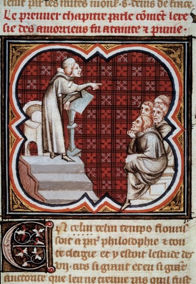 Den franske filosof og teolog Amaury de Chartres (eller Amaury de Bene eller Amalricus de Bene) (død 1209) foran sine disciple (amaurikerne). Miniature fra Les Grandes Chronicles de France”” oplyst af Jean Fouquet (1420-1481) af Jean Fouquet
