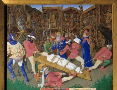 De helliges stemmer. Martyrium af Saint Apolline (eller Apollonia) Den kristne Saint Apolline af Alexandria tortureres af Paians i 249 AD. Bødderne trækker ham i håret og knækker tænderne. Emperor Dece er en tilskuer. Detalje af en miniature taget af Jean Fouquet