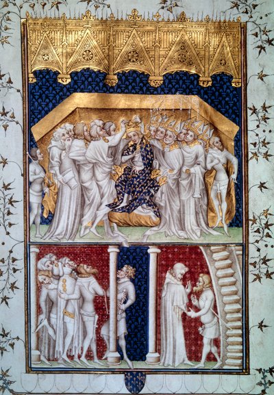 Kroningen af Charles VI (1368-1422) af Frankrigs jævnaldrende den 16/09/1380. Miniature fra Grandes Chronicles de France”” af Jean Fouquet (1420-1481) 1400-tallets Paris, B.N. af Jean Fouquet