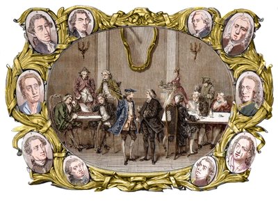 Paris - Cafeen "" Procope"" i det 18. århundrede fra højre mod venstre, i medaljonerne, Georges Louis Leclerc, Comte de Buffon, Nicolas Joseph Florent Gilbert, Denis Diderot, Jean le Rond d
