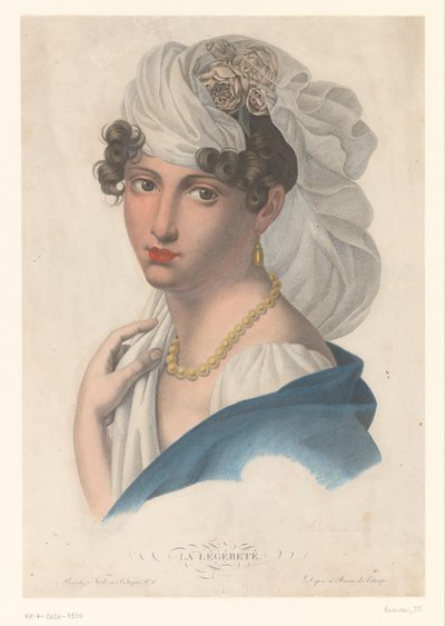 Kvinde med guldøreringe, halskæde og hvidt slør La Légéreté (titel på objekt) af Jean Francois Badoureau