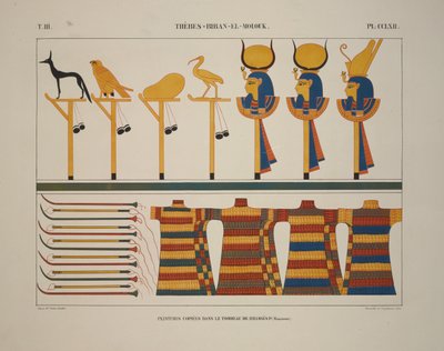 Våben og tegn, Theben, Biban-el-Molouk, illustration fra "Monuments of Egypt and Nubia, 1845 af Jean Francois Champollion