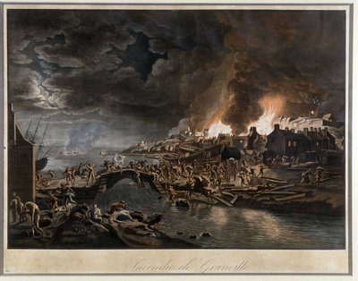 Granville i flammer belejret af vendéanerne, baseret på maleri af J. François Hue, ca. 1800. af Jean Francois Hue