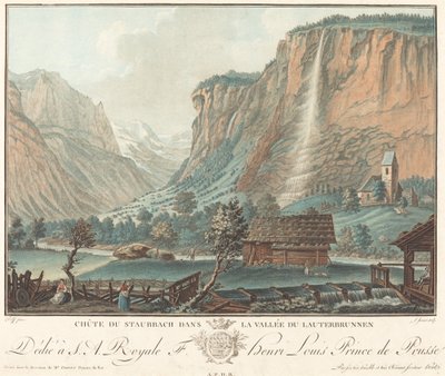 Staubbach Falls, i Lauterbrunnen Valley Falls ved Staubbach..., sandsynligvis 1776. af Jean Francois Janinet