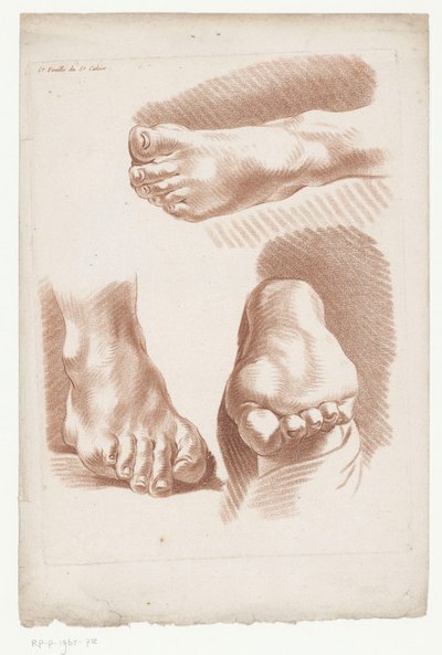 Tre fod i forskellige positioner 5.e Feuille du 5.e Cahier. (titel på objekt) Kompositioner med dele af den menneskelige krop (serietitel) Cinquième Cahier de Principes de Dessein (serietitel) af Jean Francois Janinet