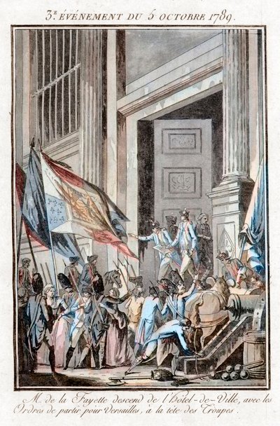 Den Franske Revolution - La Fayette forlader Paris Rådhus for at tage til Versailles den 5. oktober af Jean Francois Janinet
