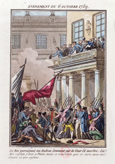 Ludvig XVI dukkede op på balkonen i Versailles den 6. oktober 1789 for at fortælle den parisiske pøbel, at han vil tage til Paris på betingelse af, at hans kone og familie rejser med ham af Jean Francois Janinet