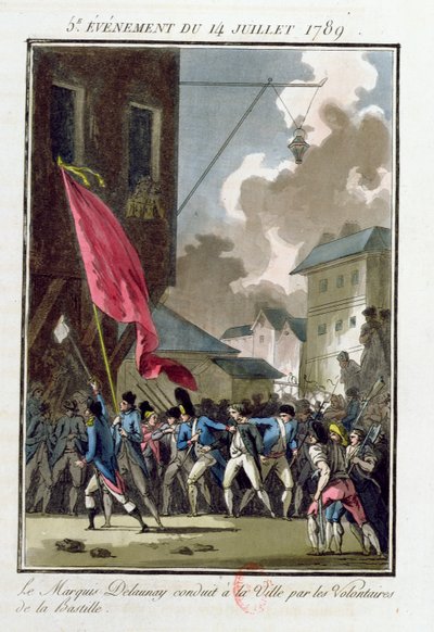 Marquis Bernard Rene Jordan de Launay (1740-89) Guvernør for Bastillen dirigeret til Hotel de Ville den 14. juli 1789 af Jean Francois Janinet