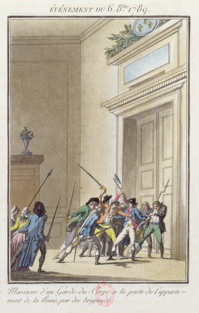 En hob af parisere angriber og dræber vagten ved indgangen til dronningens lejligheder i Versailles 6. oktober 1789 af Jean Francois Janinet