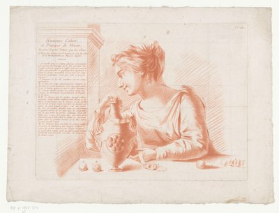 Titeltryk med kvinde og kande Kompositioner med dele af den menneskelige krop (serietitel) Huitième Cahier, Principes de Dessin (serietitel på objekt) af Jean Francois Janinet
