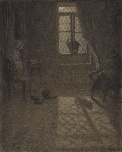 Le chat eller The Cat at the Window, 1857-58 (conté farveblyant og pastel med stumping og blanding, fastgjort på vævet papir) af Jean Francois Millet
