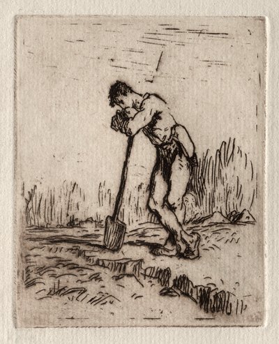 Mand læner sig op ad en spade af Jean-Francois Millet