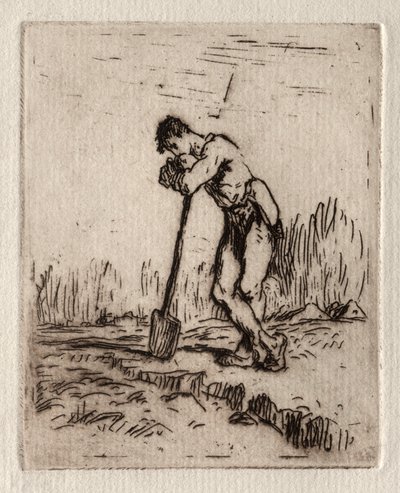 Mand læner sig op ad en spade. af Jean Francois Millet