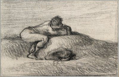 Mand, der sidder på hug på en bakke, 1848-1850 af Jean Francois Millet