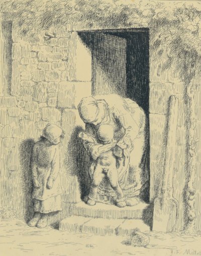 Maternal Care, 1862 (glastryk) af Jean Francois Millet