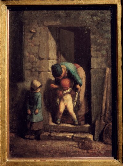 Moderlige forholdsregler. En mor får sin søn til at tisse foran en dør. Maleri af Jean Francois Millet (1814-1875) af Jean Francois Millet