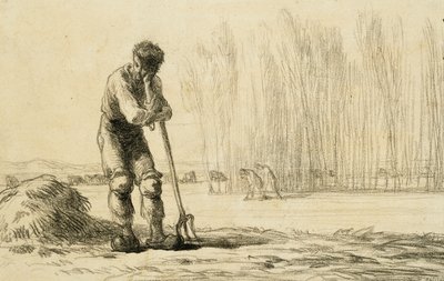Bonde læner sig op af en højgaffel, af Jean Francois Millet