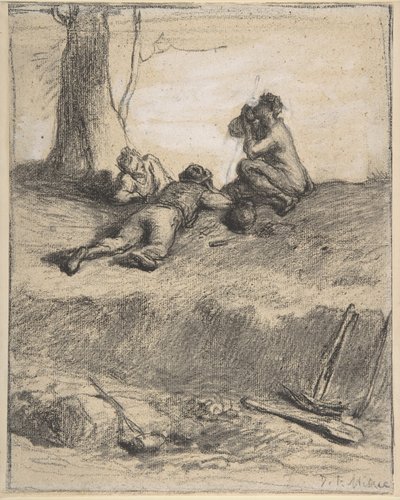 Vejarbejdere til frokost, ca. 1850-52 (conte farveblyant med gouache, på lagt papir) af Jean Francois Millet