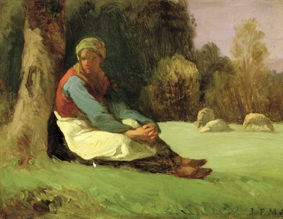 Siddende hyrdinde (olie på plade) af Jean-Francois Millet