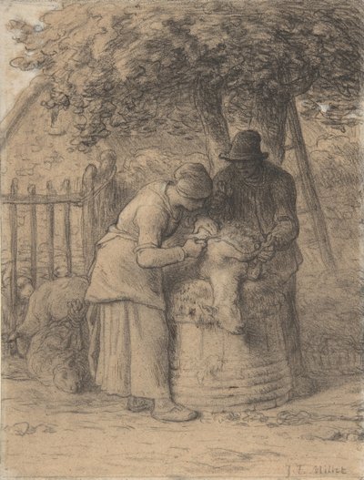 Fåreklipping under et træ, ca. 1854. af Jean Francois Millet