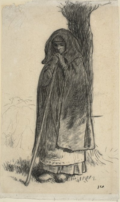 Hyrdinde læner sig op ad et træ af Jean Francois Millet