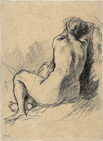 Studie: Nøgen kvinde set bagfra (recto) Skitser af arbejdende bønder (verso) af Jean-Francois Millet