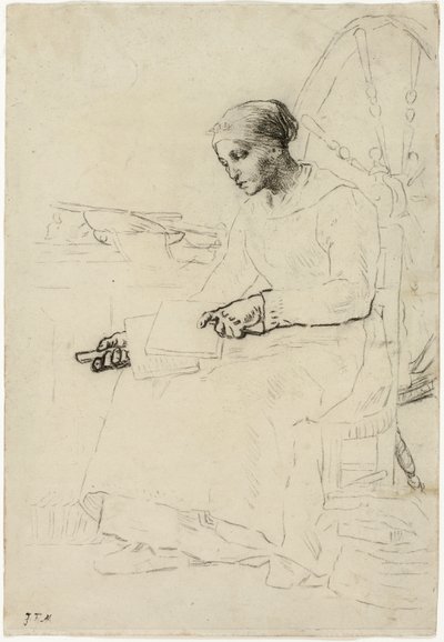 Uldkarderen (recto); Fragmentarisk skitse af mand stående ved hegn (verso) af Jean Francois Millet