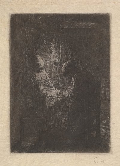Two Women Sewing by Lamplight, ca. 1853. af Jean Francois Millet