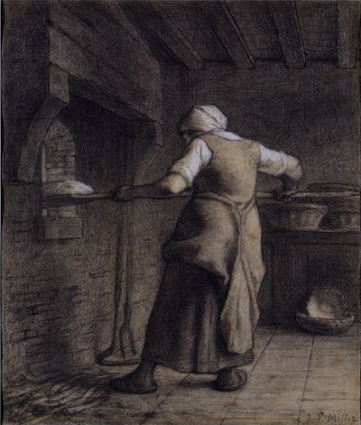 Kvinde bager brød (sort, hvid og brun kridt på papir) af Jean Francois Millet