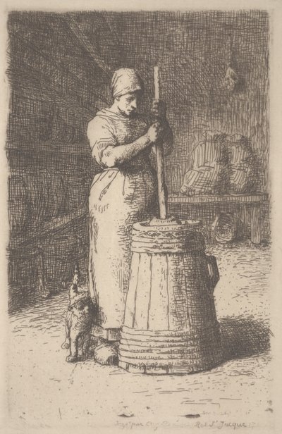Kvinde kærner smør, ca. 1855-56 (ætsning) af Jean Francois Millet