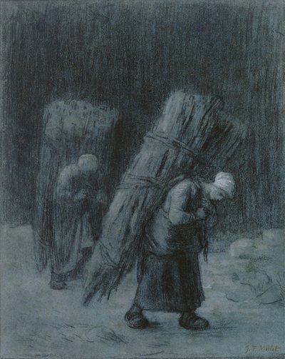 Kvinder, der bærer kviste, ca. 1858 (kul forhøjet med hvid gouache, trækulskant, på tungt lagt gråblåt papir) af Jean Francois Millet