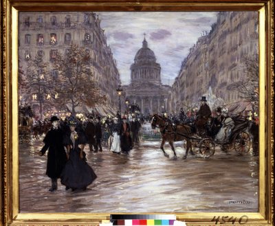 ""Boulevard Saint Michel"" Udsigt over Rue Soufflot og Pantheon fra Luxembourg-haven og Boulevard Saint-Michel i Paris, førerhuse og elegante par opliver gaden ved mørkets frembrud. Maleri af Jean Francois Raffaelli (18 af Jean Francois Raffaelli