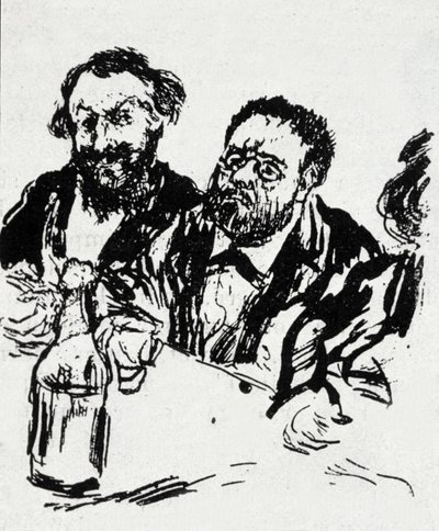 Maleren Edouard Manet (1832-1883) og forfatteren Emile Zola (1840-1902) ved bordet Karikatur af Jean Francois Raffaelli (1850-1924) af Jean Francois Raffaelli