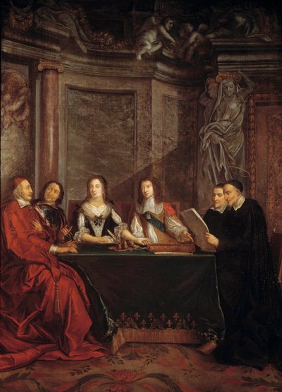 Samvittighedsrådet: St. Vincent de Paul, leder af samvittighedsrådet, der læser for kardinal Jules Mazarin (1602-1661), Peter Seguier (1588-1672), Dronning Anne af Østrig (1601-1666). ) og Ludvig XIV (1638). af Jean François de Troy