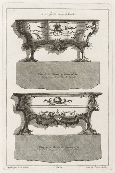To forskellige designs af kommoder af Jean François Cuvilliés