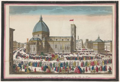 Udsigt over Duomo i Firenze med en procession på Corpus Christi La grande procession de Florence, le jour de la fête de Dieu (titel på objekt) af Jean François Daumont